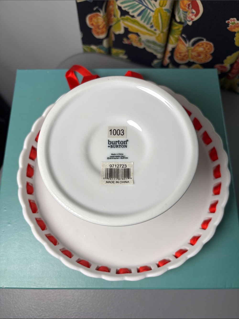 burton + BURTON White Porcelain Cake Red Ribbon Stand Party Display 8” - Picture 5 of 7